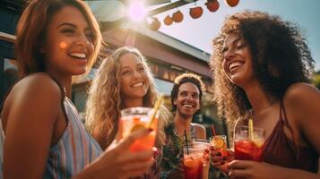 ai generativo amici gruppo applauso bevande su contento ora a Aperto aria cocktail bar ristorante multirazziale giovane persone avendo divertimento festeggiare insieme a Giardino dietro la casa festa amicizia contento lifest foto