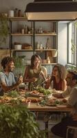 ai generativo amici assunzione un' autoscatto nel il cucina indossare verde fagioli gambi sotto loro nasi mentre in piedi nel davanti di tavolo pieno verdure e pasta foto