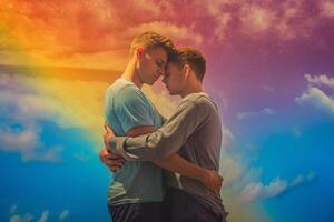 ai generativo gay coppia baci all'aperto su un' cielo sfondo concetto di omosessuale amore e stile di vita foto