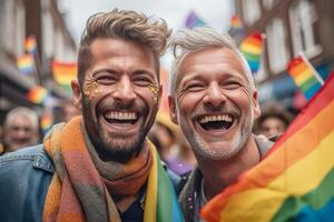 ai generativo gay uomo con arcobaleno bandiera sorridente a telecamera lgbt orgoglio concetto con allegro omosessuale tipo ridendo al di fuori foto