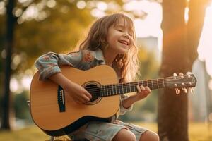 ai generativo ragazza è nel armonia con se stessa giocando il chitarra nel un' parco foto