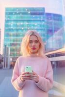 ai generativo ragazza è assunzione un' autoscatto con sua smartphone su un' urbano paesaggio caucasico persone concetto di persone paesaggio tecnologia e stile di vita foto