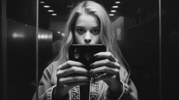 ai generativo ragazza assunzione foto utilizzando sua riflesso nero e bianca fotografia