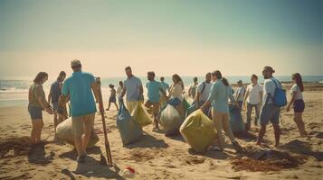 ai generativo gruppo di eco volontari raccolta su plastica spazzatura su il spiaggia attivista persone raccolta spazzatura proteggere il pianeta oceano inquinamento ambientale conservazione e ecologia conc foto