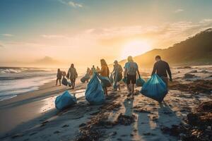 ai generativo gruppo di eco volontari raccolta su plastica spazzatura su il spiaggia attivista persone raccolta spazzatura proteggere il pianeta oceano inquinamento ambientale conservazione e ecologia conc foto