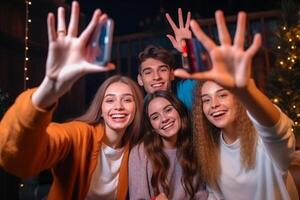 ai generativo gruppo di amici assunzione autoscatto con inteligente mobile Telefono dispositivo a casa contento giovane persone sorridente insieme a telecamera Università studenti avendo divertimento insieme nel Università città universitaria fri foto