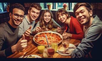 ai generativo gruppo di amici indossare protezione maschera a il ristorante giovane contento persone festeggiare assunzione un' autoscatto con smartphone persone tecnologia e nuovo normale stile di vita concetto foto