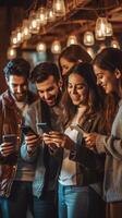 ai generativo gruppo di amici indossare protezione maschera a il ristorante giovane contento persone festeggiare assunzione un' autoscatto con smartphone persone tecnologia e nuovo normale stile di vita concetto foto