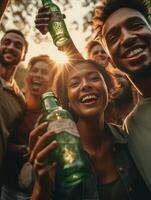 ai generativo gruppo di multietnico contento amici avendo festa al di fuori festeggiare tostatura birra bottiglie su tramonto giovane persone sospeso su potabile alcool insieme celebrazione e felicità c foto