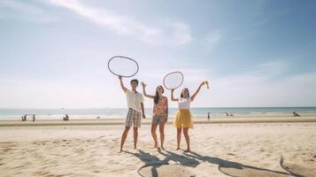 ai generativo gruppo di multirazziale persone è giocando togheter a il spiaggia persone natura e stile di vita concetto foto