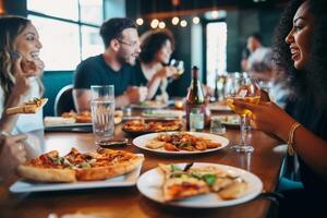 ai generativo gruppo di persone avendo pranzo a fabbrica di birra bar ristorante vicino su bicchiere birra su cenare tavolo fabbrica di birra e cibo concetto foto