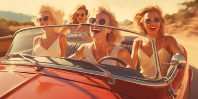 ai generativo gruppo di donne con shopping borse guida un' convertibile auto a vacanza foto