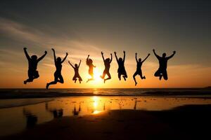 ai generativo gruppo di giovane persone salto a il spiaggia su un' estate tramonto foto