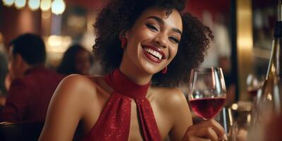 ai generativo contento africano americano donna potabile rosso vino a bar ristorante multirazziale amici avendo divertimento festeggiare a cena tempo tostatura bevande amicizia concetto foto