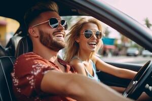 ai generativo contento coppia guida su città strada nel convertibile auto amici affitto cabrio auto su vacanza viaggio su strada la libertà viaggio e trasporto noleggio servizio concetto foto