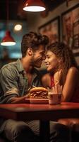 ai generativo contento coppia mangiare hamburger seduta a pub ristorante veloce cibo tavolo giovane persone avendo pranzo rompere a bar bar sede vita stile concetto con tipo e ragazza sospeso su su fine settimana foto