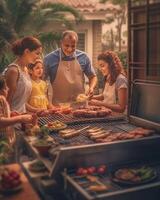 ai generativo contento famiglia avendo barbeque cena festa nel casa giardino amici mangiare Antipasti e potabile rosso vino nel all'aperto ristorante tavolo azienda vinicola cenare stile di vita e bevanda concetto foto