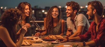 ai generativo contento amici avendo divertimento a tetto cena festa gruppo di giovane persone assunzione autoscatto foto a all'aperto cenare tavolo vita stile concetto con ragazzi e ragazze mangiare cibo e bere