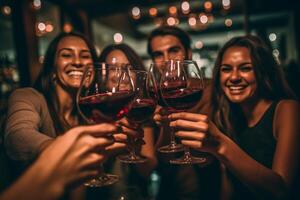 ai generativo contento amici indossare protettivo viso maschere tostatura rosso vino seduta a bar ristorante nuovo normale amicizia concetto con giovane persone avendo divertimento a casa festa messa a fuoco su bicchieri foto