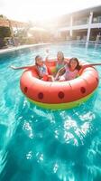 ai generativo contento gruppo di amici godendo nuoto piscina festa a il ricorrere Tenere gonfiabili giovane persone esclusivo vacanza con braccia su nel il Hotel foto