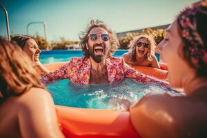 ai generativo contento gruppo di amici avendo divertimento a piscina festa amicizia concetto con giovane persone ridendo insieme su vacanza messa a fuoco su bicchieri foto