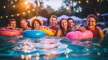 ai generativo contento gruppo di amici avendo divertimento a piscina festa amicizia concetto con giovane persone ridendo insieme su vacanza messa a fuoco su bicchieri foto
