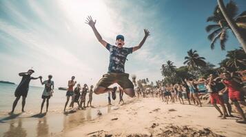 ai generativo contento uomo salto a il beachconcept di vacanza successo persone e stile di vita foto