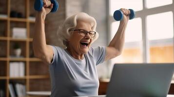 ai generativo contento maturo donna assunzione un' autoscatto a allenarsi Palestra a casa durante quarantena concetto di persone Palestra a casa sport foto