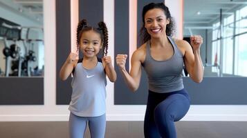 ai generativo contento madre e figlia avendo divertimento ridendo insieme fare opera su Palestra a casa foto