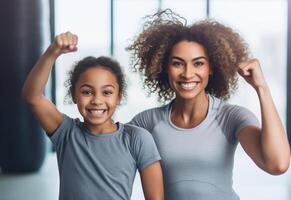 ai generativo contento madre e figlia avendo divertimento ridendo insieme fare opera su Palestra a casa foto