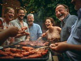 ai generativo contento anziano gruppo avendo barbecue cena festa nel casa Giardino dietro la casa anziano amici festeggiare estate commensale rompere al di fuori vita stile concetto con pensionati godendo tempo insieme foto