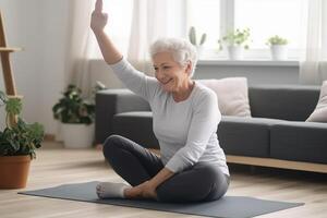 ai generativo contento anziano donna taing un' autoscatto a opera su casa fitness sport foto