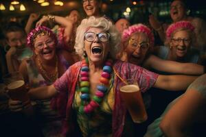 ai generativo contento anziano donne potabile cocktail bicchieri seduta a bar tavolo gruppo di migliore amici godendo contento ora applauso bevande a pub ristorante vita stile concetto con ragazze appendere in foto