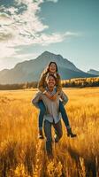 ai generativo contento giovane coppia avendo divertimento fare a cavalluccio su un' bellissimo verde prato romantico turista godendo il fine settimana visitare dolomiti Alpi foto