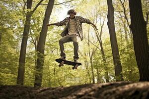 ai generativo escursionista è a piedi su un' tronco di un' albero nel il foresta lui è conservazione nel equilibrio foto