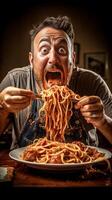 ai generativo italiano capocuoco di un' ristorante assunzione un' autoscatto cucinando spaghetti cibo foto