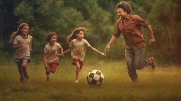 ai generativo ragazzo calciando calcio palla mentre giocando con il suo famiglia attivo famiglia avendo divertimento all'aperto godendo tempo libero tempo infanzia e contento stile di vita concetto foto