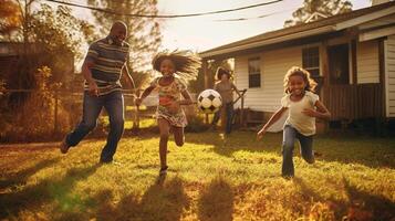 ai generativo ragazzo calciando calcio palla mentre giocando con il suo famiglia attivo famiglia avendo divertimento all'aperto godendo tempo libero tempo infanzia e contento stile di vita concetto foto