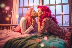 ai generativo lesbica coppia festeggiare san valentino giorno a casa gay donne nel amore baci su il letto foto