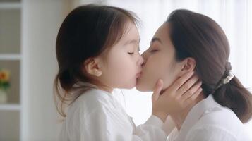 ai generativo bello madre baci sua carino poco figlia a casa madri giorno e famiglia concetto foto