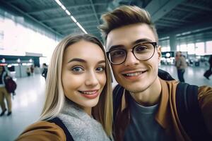 ai generativo amorevole coppia assunzione autoscatto a aeroporto caucasico persone concetto di persone stile di vita e tecnologia foto