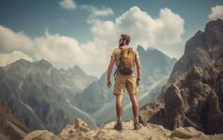 ai generativo uomo su superiore di montagna epico tiro di avventura escursioni a piedi nel montagne solo al di fuori attivo stile di vita e viaggio vacanze foto