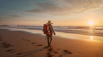 ai generativo uomo con zaino a piedi su il spiaggia a tramonto viaggio stile di vita concetto d'oro filtro foto