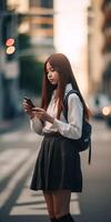 ai generativo del Millennio ragazza maschera seduta nel il città utilizzando mobile inteligente Telefono con nero schermo femmina alunno Tenere Telefono al di fuori scuola giovane persone e tecnologia concetto foto