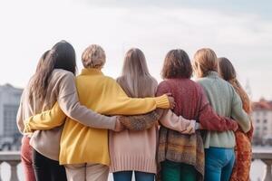 ai generativo multietnico giovane persone abbracciare al di fuori gioventù Comunità concetto con ragazzi e ragazze supporto ogni altro multirazziale volontari in piedi nel cerchio insieme foto