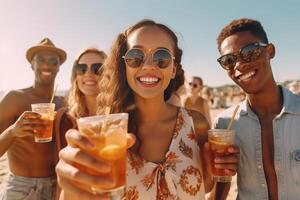 ai generativo multirazziale amici applauso cocktail a spiaggia festa giovane persone ridendo insieme avendo divertimento su estate vacanza amicizia concetto con ragazzi e ragazze sorridente al di fuori su summe foto