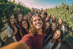 ai generativo multirazziale amici potabile rosso vino al di fuori a azienda agricola Casa vigneto campagna gruppo di giovane persone assunzione autoscatto immagine all'aperto vita stile concetto con ragazzi e ragazze goditi foto