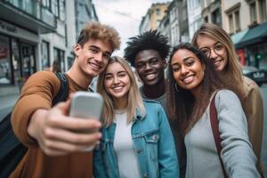 ai generativo multirazziale amici assunzione autoscatto gruppo immagine con inteligente mobile Telefono al di fuori su città strada contento giovane persone sorridente insieme guardare a telecamera gioventù stile di vita concetto con foto