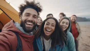 ai generativo multirazziale gruppo di amici in viaggio su il strada con camper furgone giovane persone avendo divertimento godendo inverno vacanza foto