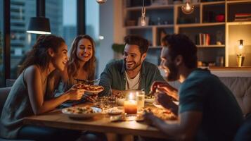 ai generativo multirazziale contento amici mangiare Pizza insieme a casa giovane persone avendo cena festa nel Casa balcone consegna cibo concetto con ragazzi e ragazze cenare nel appartamento foto